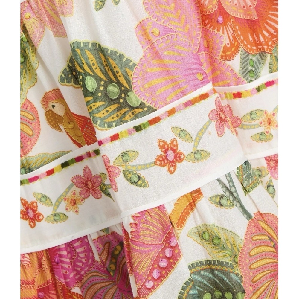 Farm Rio Macaw Bloom Tie Shoulder Mini Dress Large Ruffle Botanical Floral Zip - Picture 2 of 16